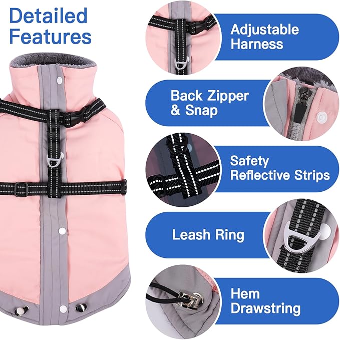 XX-Large Dog Winter Coat with Harness 2 in 1-for Outdoor Walking | Thick and Warm Lining for Cold Winter,Turtleneck Windproof Dog Snowsuit with Sleeves,Night Reflective Harness(Light Pink)