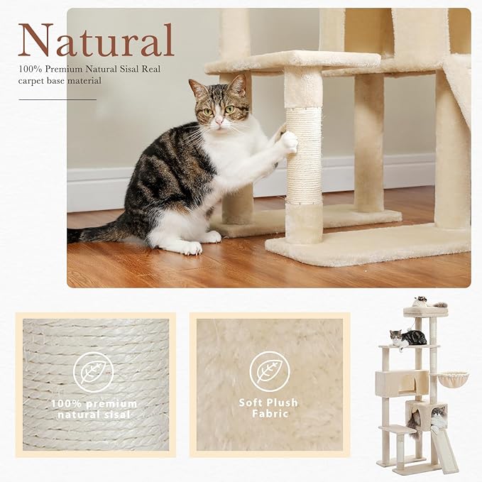 PEQULTI 60'' Cat Tree, Tall Cat Tower with 2 Large Condos, Wide Top Perch, Cozy Hammock and Sisal Scratching Posts for Indoor Cats Lare Adult Beige