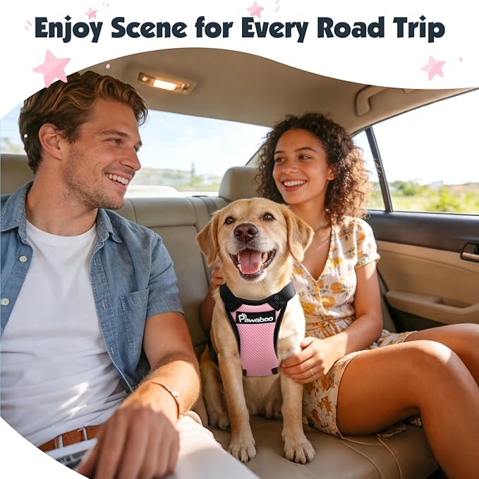 Pawaboo Dog Seat Belt Harness for Car, Dog Car Harness Seatbelt with Double Clips, Adjustable Breathable Pet Vest & Dogs Safety Tether with Elastic Bungee for Small Medium Large Pet, M, Pink + Black