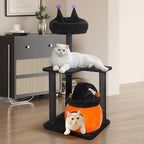 44.8in Gothic Cat Tree, Black Cat Condo Cats Tower with Coffin Bed & Sisal Scratching Posts, Scratching Ramp and Comfort Basket for Indoor Cats (44.8" Tall Black)