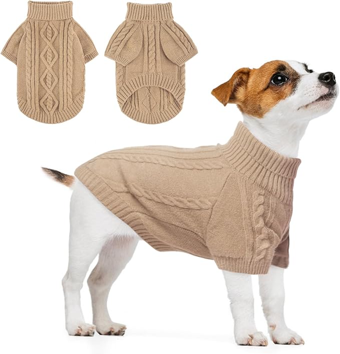 BEAUTYZOO Small Dog Sweater-Dog Sweatshirt Pullover Cable Knit Wear Classic Turtleneck Thick Cold Weather Clothes for Small Dogs,Medium Dogs,Khaki Cable S (Back: 12", Chest: 16", Neck: 10")