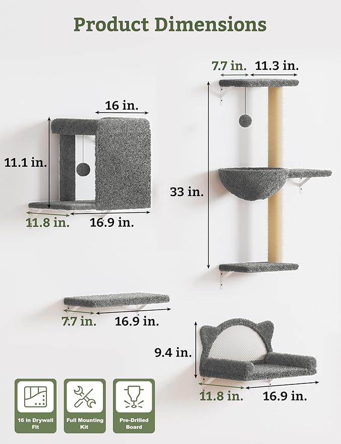 5-in-1 Cat Wall Shelves, Solid Wood & Velvet & Sisal Scratcher, 44lbs Max Load, Wall Mounted Cat Furniture for Climbers, Cat Climbing Wall System, Fits Drywall & Solid Walls - Light Gray