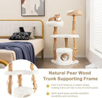 PETSITE 49-inch Cat Tree for Indoor Cats, Cute Solid Wood Modern Multi-Level Cat Tower with Scratching Posts, Top Cattail Basket Cat Bed, Side Perch, Large Platform, and Condo (White)