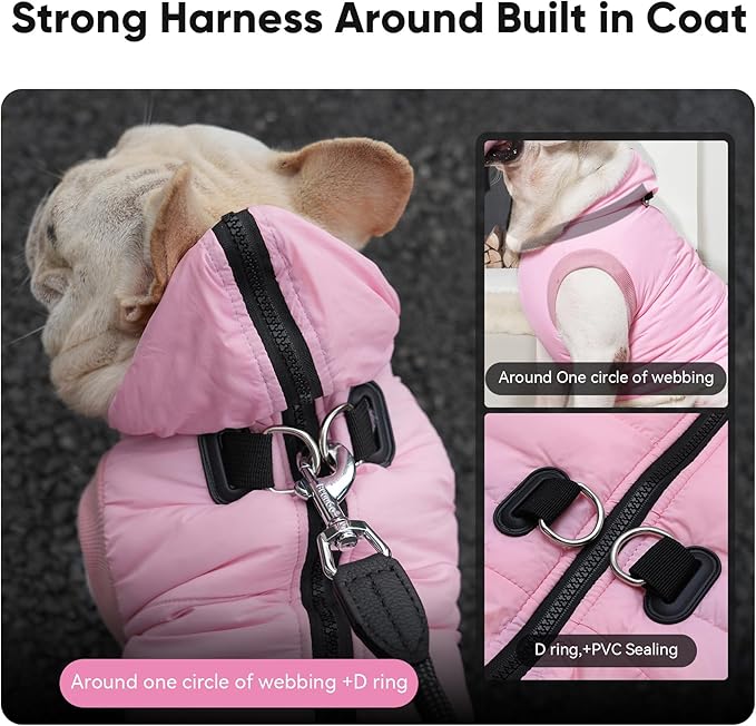Fleece Lining Dog Hoodie with Harness Built in,Extra Warm Medium Dog Jacket in Winter Doggie Coats with Hooded,Light Pink XL