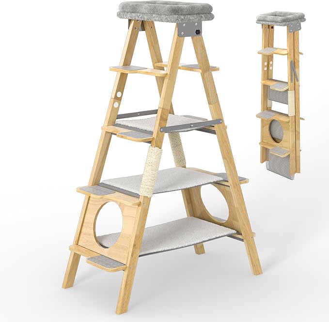 GDLF Modern Wood Cat Tree Foldable Ladder Design with Hammock & Sisal Scratch Post, Solid Wood Tall Tower for Large Cat Easy Clean 60" H