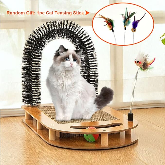 Cat Scratching Board with Cat Arch Self Groomer and Kitty Ball Toys, Cat Scratcher Cardboard for Indoor Cats, Eco-Friendly Wood, Durable, Stable and Non-Slip, Kitten Scratcher Pad (U-Shaped)