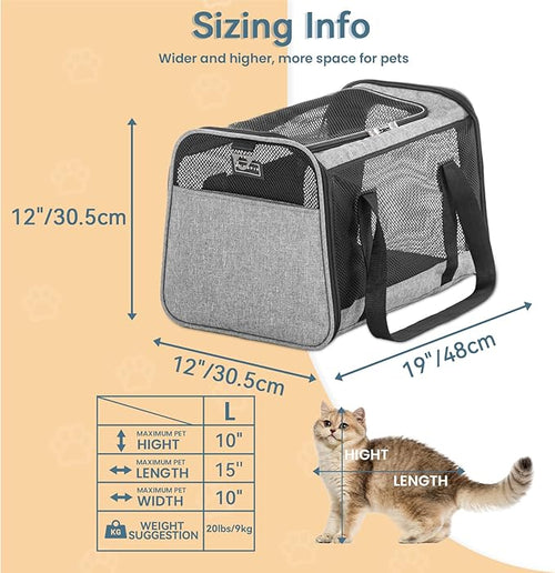 19 x 12 x 12 Large Cat Car Carrier – Roomy Escape-Proof Cat Car Seat for Safe Driving, Lockable Zippers & Safety Tether, Soft-Sided Travel Carrier for Road Trips & Vet Visits