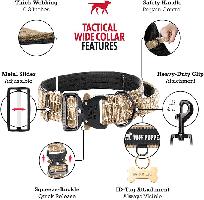 Tuff Pupper Tactical Dog Collar with Handle | Heavy Duty Adjustable Dog Collar | Military Nylon Collar for Large Dogs | Quick-Release Buckle | Soft Padded Comfort | Training Control (Tan, Large)
