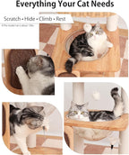 Wood Cat Tree 31-Inch Sall Cat Tower with Scratching Post for Indoor Cats, Multi-Level Cat Condo with Hand-Woven Cat Bed and Acrylic Bowl Easy to Clean