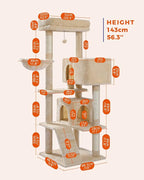 PEQULTI 56.3'' Cat Tree for Indoor Cats with Big Hammock, Cat Tower for Large Cats with 2 Door Condo House, Scratching Posts and Top Perch, Beige
