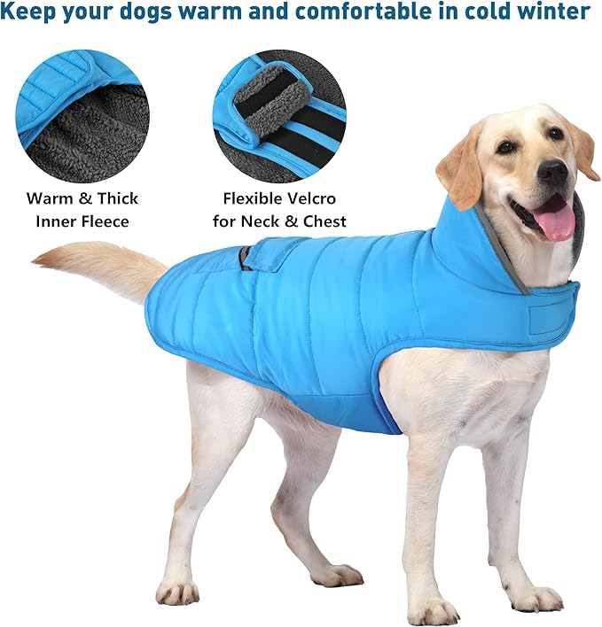 Dog Coat, Waterproof Dog Winter Jacket with Pocket, Reflective Adjustable Pet Snow Vest, Warm Cozy Fleece Sweater for Small Medium Extra Large Dogs - Sky Blue, 3XL