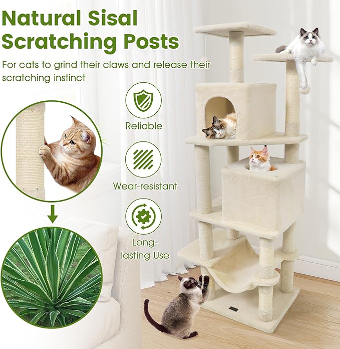 PETSITE 57-inch Modern Cat Tree, Multi-Level Cat Tower with 2 Comfy Condos, Sisal Scratching Posts, Plush Top Perch, Snug Hammock, and Dangling Balls, Ideal for Indoor Cats and Kittens (Beige)