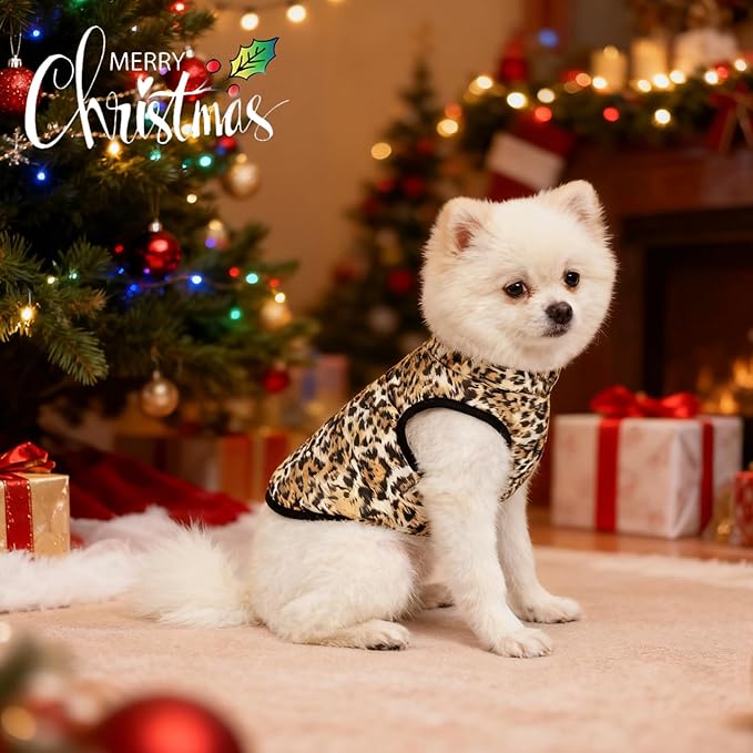 Idepet Pet Dog Cat Coat with Leash Anchor Color Patchwork Padded Puppy Vest Jacket Teddy Chihuahua Costumes Pug Cloth XS S M L(Small,Leopard)