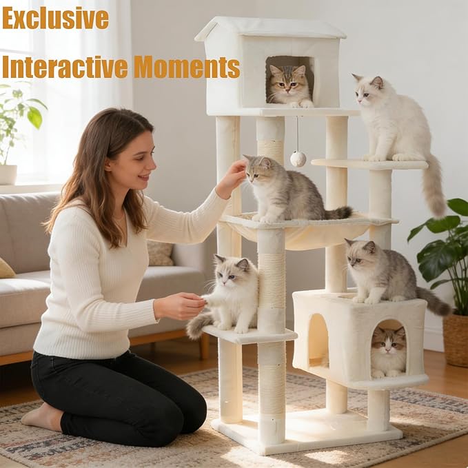 KAWHBET 64in Cat Tree,Cute Big Multi-Level Cat Tower Cat Tower W/Scratching Post,Apartment,and Extended Platform for Cats to Play and Sleep,Cat Tree for Indoor Cats Large Adult (White)
