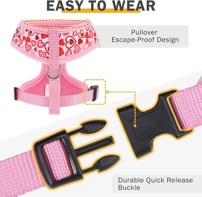 SCENEREAL Valentine's Day No Pull Dog Harness Collar Leash Set for Small Sized Dogs, Soft Mesh Plaid Harnesses for Fall Winter, Adjustable Pet Vest for Outdoor Walking Training and Running, S