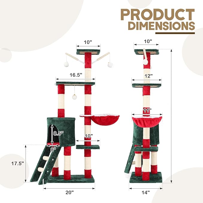 55" Christmas Cat Tree with Cozy Condos, Sisal Scratching Posts & Plush Fabric, Cats Tower with Large Perch Activity Center for Kittens to Adults Cats, Fits Living Room, Bedroom, Apartments