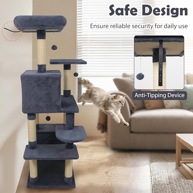 Tangkula 58 Inch Cat Tree Tower, Multi-Level Cat Tower with Sisal Scratching Posts, Padded Top Perch, Condo & Hammock, 3 Hanging Balls, Jumping Platforms for Indoor Cats (Gray)