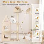 PETSITE 64" Tall Cat Tree Tower for Indoor Cats, Modern Cat Activity Center with Top Perch, Condos, Basket Bed, Sisal Posts, Scratching Board & Ball, Beige