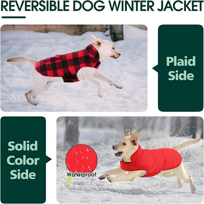 Kuoser Dog Winter Coat, Windproof Dog Fleece Jacket British Style Plaid Cold Weather Doggie Vest Coats, Reversible Cozy Warm Puppy Clothes Pet Apparel for Small Dogs XS
