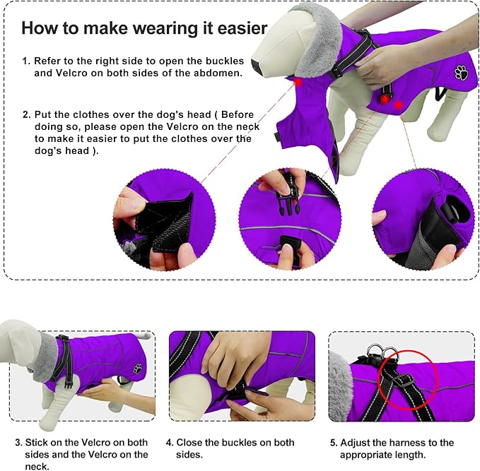 Doglay Dog Jacket Waterproof Dog Coat with Harness Built in, Christmas Puppy Winter Coat Reflective Turtleneck Puffer Snow Jackets for Small Medium Large Dogs