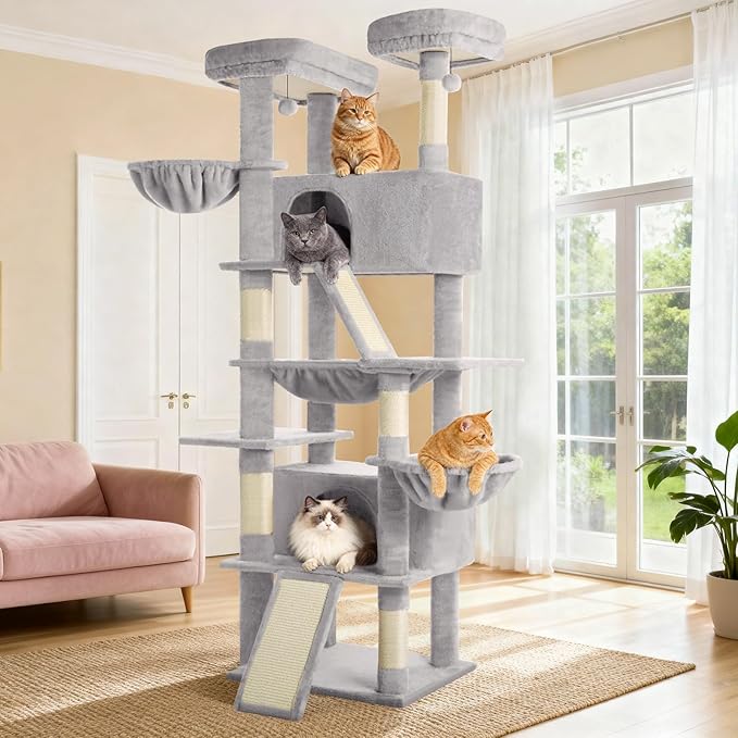 Cat Tree 82 in Multi-Level Cat Tower for Indoor Cats, Heavy Duty Large Cat Tree with Sisal Scratching Posts, Hammock, 2 Perches, 2 Condos, 2 Hanging Baskets, Light Grey
