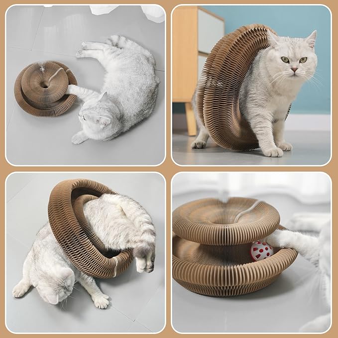 Kitty Curlz Cat Scratching Board,Accordion Magic Organ Cat Scratcher Toy with Bell Ball - Foldable Interactive Cardboard Scratching Pad for Indoor Cats Kittens 1 Pack(Pink)