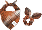 E-Clover Brown Plaid Dog Bandana & Matching Scrunchie-Fall Dog Bandana Triangle Plaid Pet Scarf Bib for Small Dogs Puppy Girl Boy Owner Gift