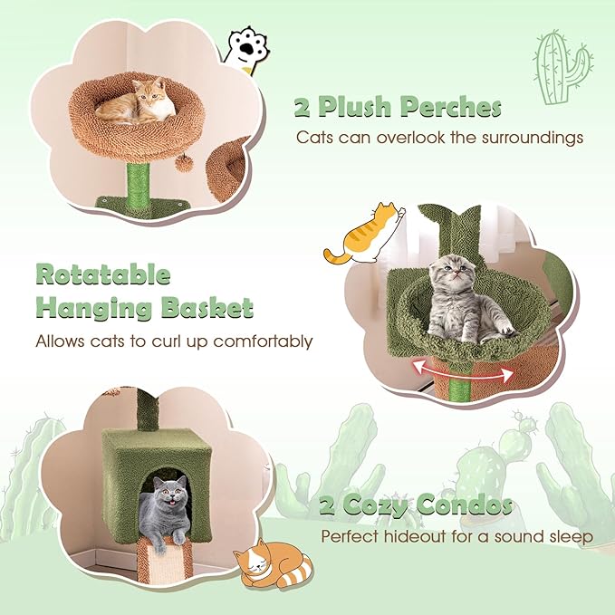 PETSITE 63 inch Cactus Cat Tree Tower, Multi-Level Cat Tower with Sisal Scratching Posts, Sisal Ladder, Hanging Balls, Cat Condos and Side Basket Bed, Cute Cat Tree for Indoor Cats
