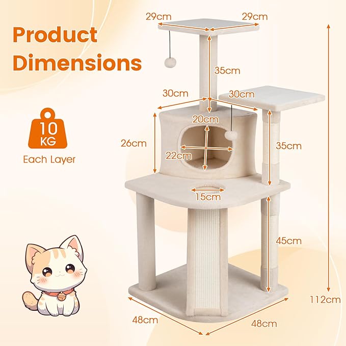 PETSITE 44-inch Multi-Level Cat Tree, Modern Cat Tower with Sisal Scratching Posts, Cozy Condo, Playful Cat Hole, Sisal Covered Ladder, and Dangling Ball, Ideal for Indoor Cats and Kittens (Beige)
