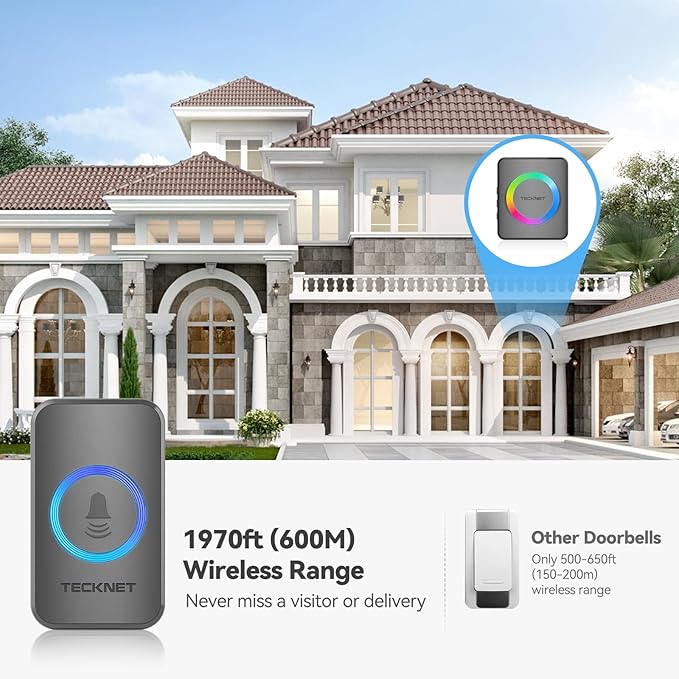 TECKNET Wireless Doorbells for Home, IP65 Waterproof 1,970Ft 120dB Door Bell Ringer Wireless for Classroom with 60 Chimes & 5 Volume Levels, RGB Flash