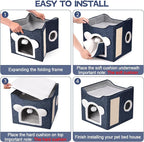 Cat Beds for Indoor Cats, Large Cat House Foldable Cat Cave with Scratch Pad and Hanging Fluffy Ball, Reversible Cushion Hideaway for Pet Cats, 16.5x16.5x13.2 inches, Dark Blue