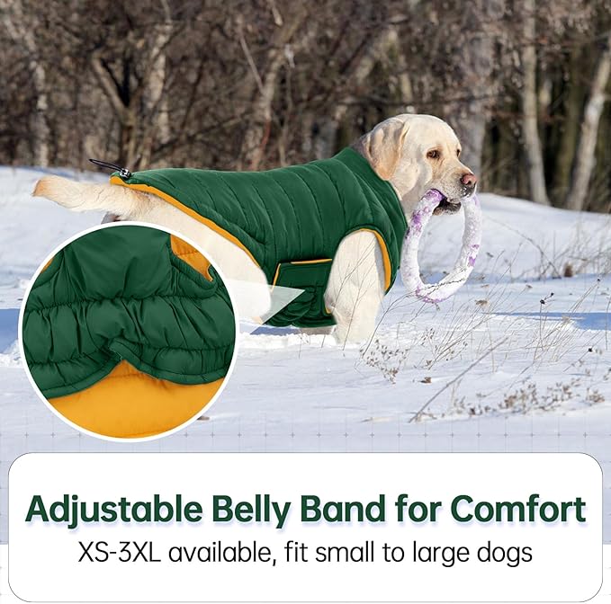 Lelepet Reversible Dog Coat Waterproof Dog Jacket Windproof Puffer Vest for Winter Warm Lightweight Coats for Small Dogs Adjustbale Hook & Loop Pet Apparel with Leash Hole, Shih Tzu, Green, S