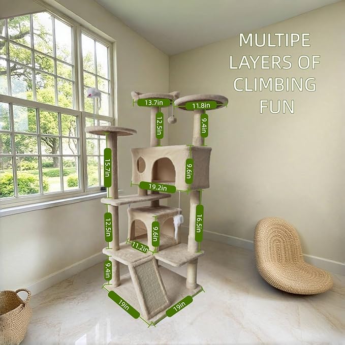 Cat Tree Tower for Indoor Cats,Cat House with Sisal Scratching Post,Multi-Level Cat Condo and 3 Large Platforms (Beige)