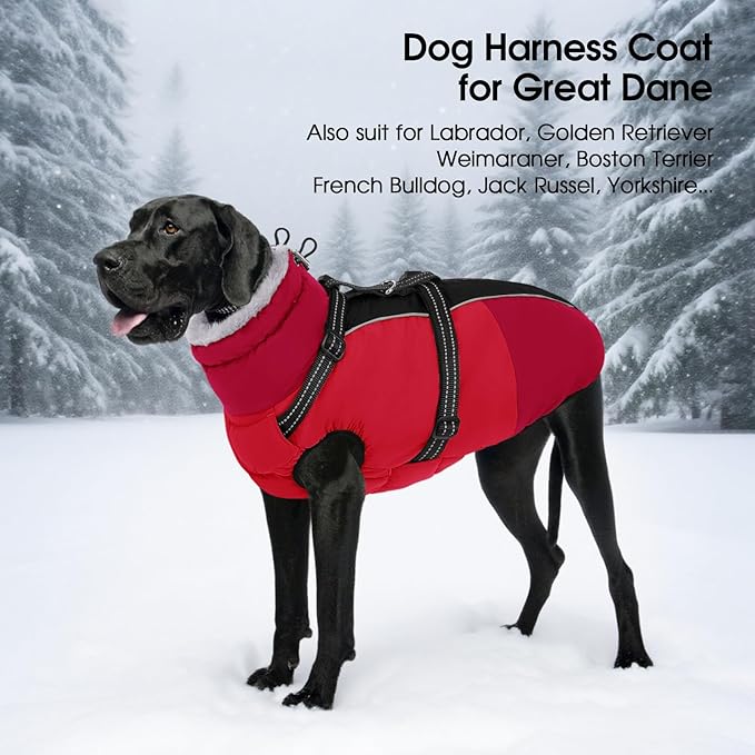 SUNFURA Dog Coat, Warm Dog Jacket with Harness Built in, Waterproof Pet Winter Coat Snowsuit with Zipper, Reflective Fleece Jacket for Extra Large Dogs, Weimaraner, Red XXL