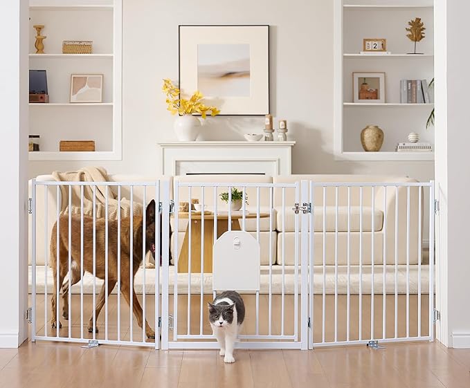 No Pawblems Free Standing Dog Gate with Cat Door, 30'' Tall Foldable Dog Fence for Indoor & Outdoor, Up to 78 Inch Extra Wide Puppy Gate for Stairs, Hallways, Doorways, Deck, Yard (White, 3 Panels)