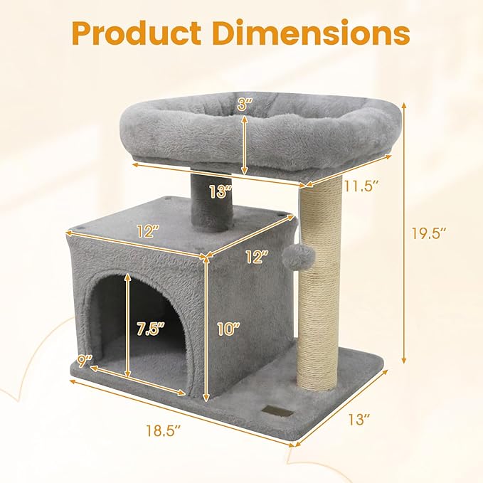 PETSITE 19.5-inch Small Cat Tree, with Sisal Scratching Post, Interactive Hanging Ball, Comfy Condo, and Spacious Top Perch, Ideal for Indoor Cats and Kittens (Grey)