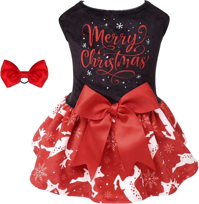 CuteBone Merry Christmas Dog Dress Velvet for Small Dogs Girl Reindeer Puppy Dresses Red Dog Clothes CVA04L-D