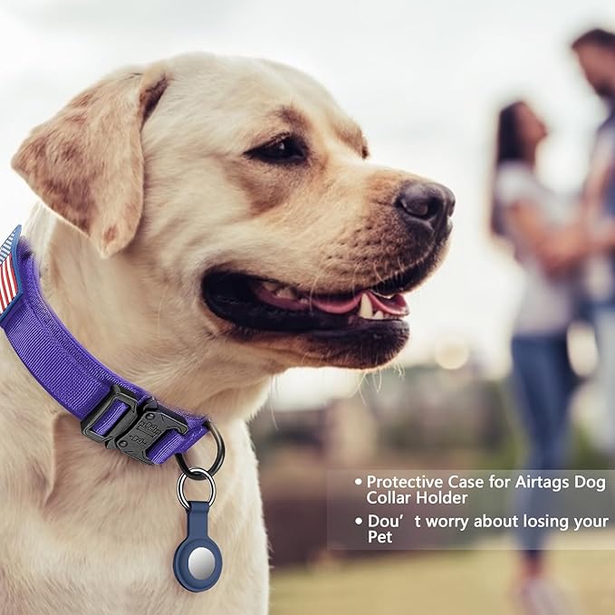 DAGANXI Tactical Dog Collar, Adjustable Military Training Nylon Dog Collar with Control Handle and Heavy Metal Buckle for Medium and Large Dogs, with Patches and Airtags Case (Purple-Set, M)