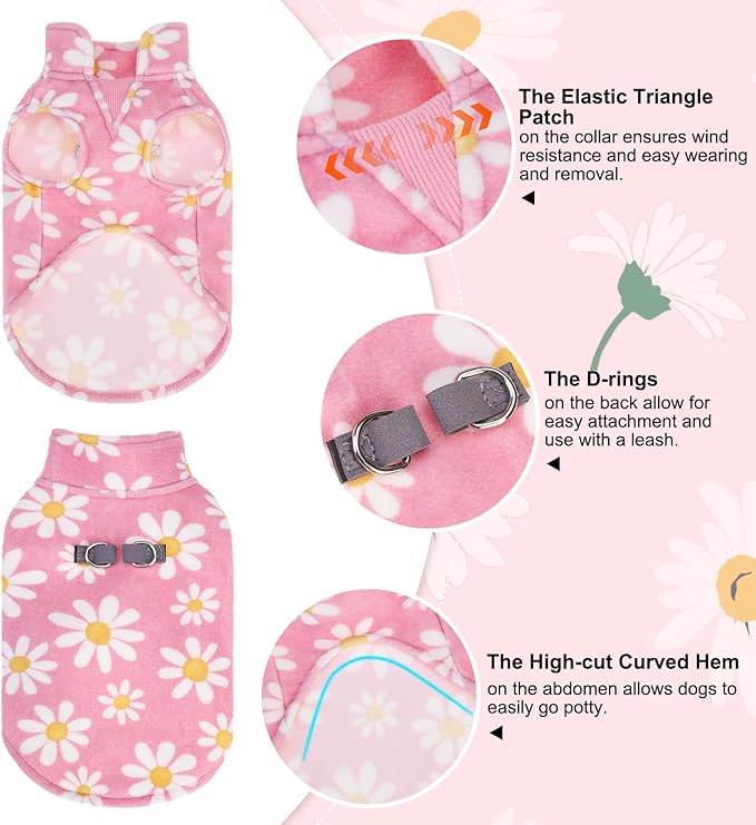 BEAUTYZOO Dog Fleece Vest Sweater Winter Jacket for Small and Medium Dogs with D-Ring Leash Cold Weather Coat Hoodie for XS S M Dogs Boy or Girls,Pink Daisy S
