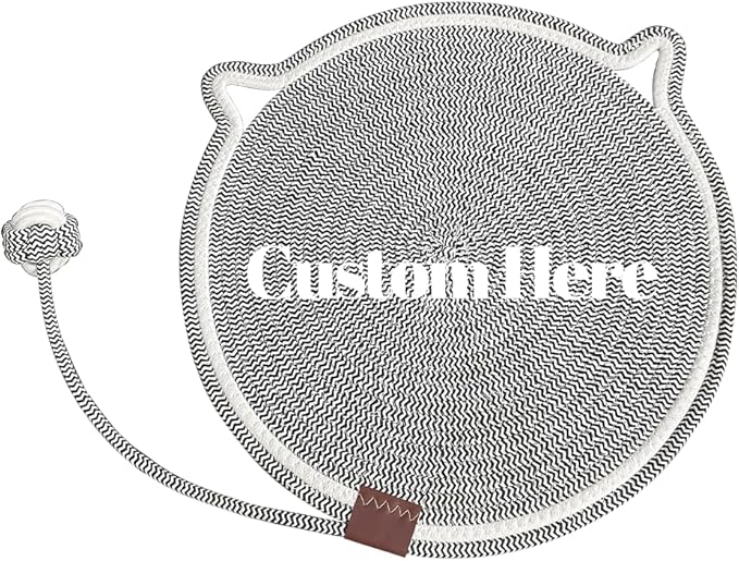 Personalized Cat Scratcher Mat, Customized with Name Text Natural Cotton Rope Round Horizontal Cat Scratching Pads with Ball Toy, Cat Furniture Protector for Wall, Couch, Carpets, Sofa (Black)