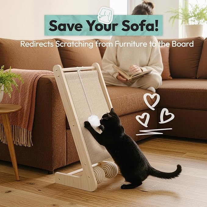 Cat Scratcher for Indoor Cats, L-Shaped Cat Scratching Board & Ramp, Solid Wood Cat Scratch Pad, with Hanging Ball & 3 Bottom Play Balls, Ideal for All Cats (Wood Grain, L)