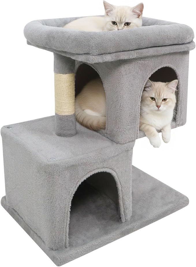 Tangkula Small Cat Tree for Indoor Cats, 25.5 Inch Cat Tower with Sisal Scratching Posts, 2 Large Cat Condos with Padded Top Perch, Modern Cat Climbing Furniture for Adult Cats & Kittens (Light Gray)