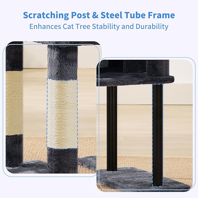 Heybly Cat Tree, 49.2 Inches Cat Tower for Indoor Cats, Spacious Cat House Condo with Hidden Space，Sturdy Steel Tube，Soft Plush Top Perch，Cozy Hammock and Sisal Scratching Posts, Smoky Gray HCT200SG