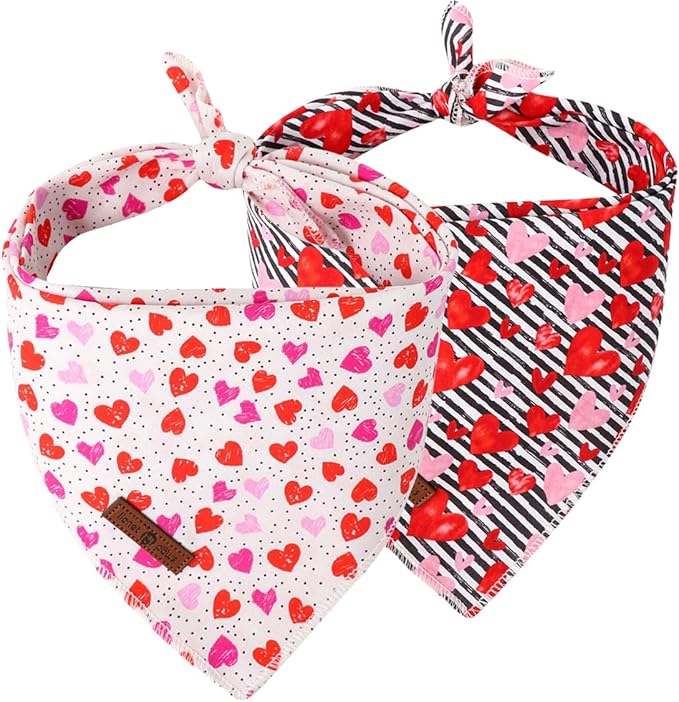 Lionet Paws Valentine's Day Dog Bandanas 2 Pack, Black and White Stripes Dog Triangle Hearts Dog Kerchief,Adjustable Triangle Holiday Scarves for Medium Large Dogs Pets