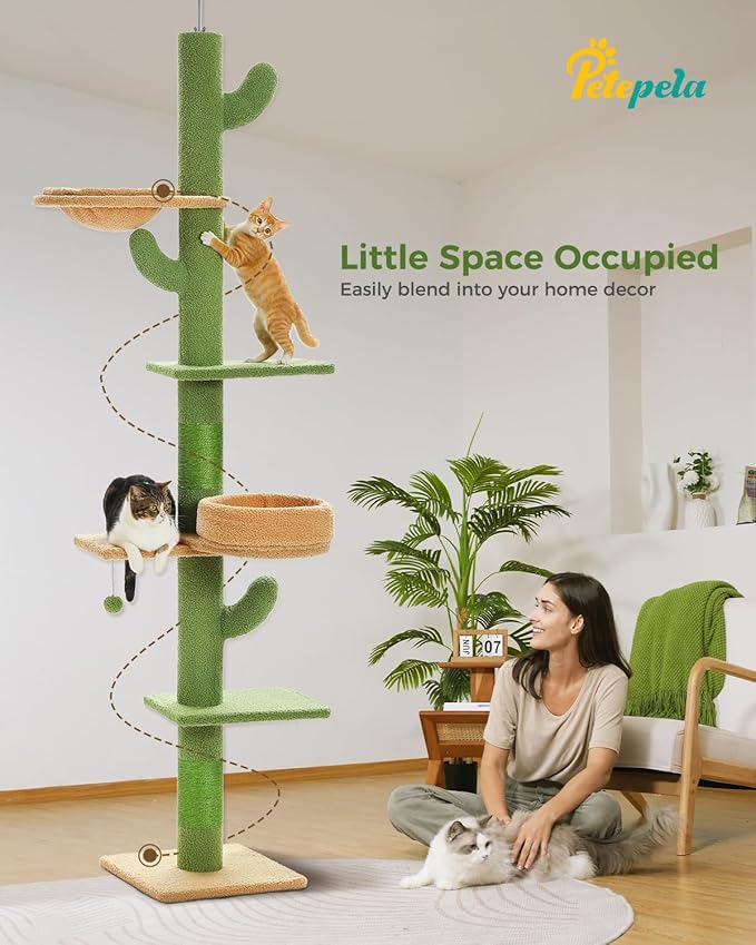 PETEPELA Floor to Ceiling Cat Tree [87"-100"] Height Adjustable, 5 Levels Cactus Cat Tower with Perch&Replaceable Hammock(Visible Acrylic Bowl), 4.1" Super Robust Cat Scratcher, Cactus Green