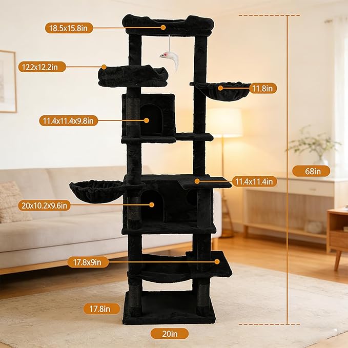 KAWHBET 68in Cat Tree,Cute Cat Tower Big Multi-Level Cat Tower for Large Cats with Removeable Cushion,Hammocks Sisal Scratching Posts,Condos,for to Play and Sleep Cat Tree for Indoor Cats (Black)