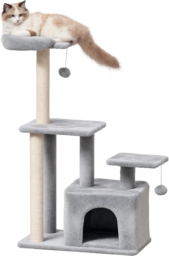 PawHut Cat tree Tower 114cm Climbing Activity Centre Kitten with Sisal Scratching Post Perch Hanging Ball Condo Toy Light Grey