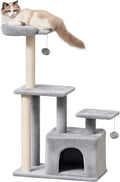 PawHut Cat tree Tower 114cm Climbing Activity Centre Kitten with Sisal Scratching Post Perch Hanging Ball Condo Toy Light Grey
