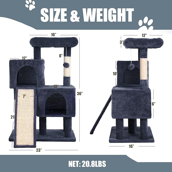 Cat Tree for Indoor Cats, 36in Cat Tower Multi-Level Cat Condo with Sisal Scratching, Scratching Board, Dangling Ball, Extra Large Perch for Cats and Kittens (Dark Grey)