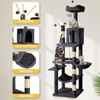 DWVO 64.5" Tall Cat Tree, Multi-Tier Cat Condo with Hammock, Scratching Posts & Play Balls for 2-3 Cats (Dark Gray)